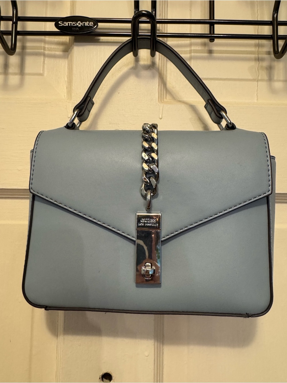 Guess Top-Handle Satchel in Light Blue with Silver Chain
